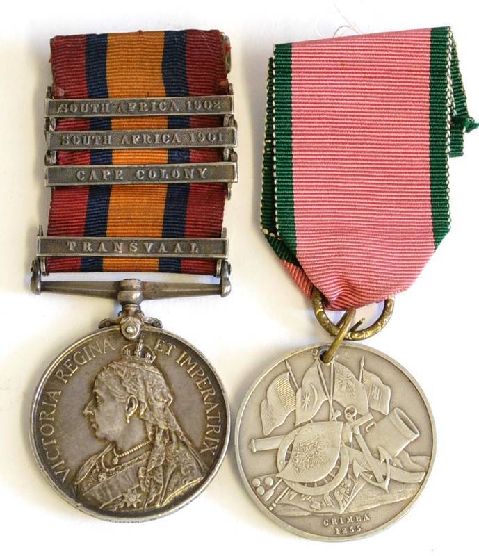 Lot 44 - A Turkish Crimea Medal, British Issue, lacks original clasp; a Queen's South Africa Medal 1899,...