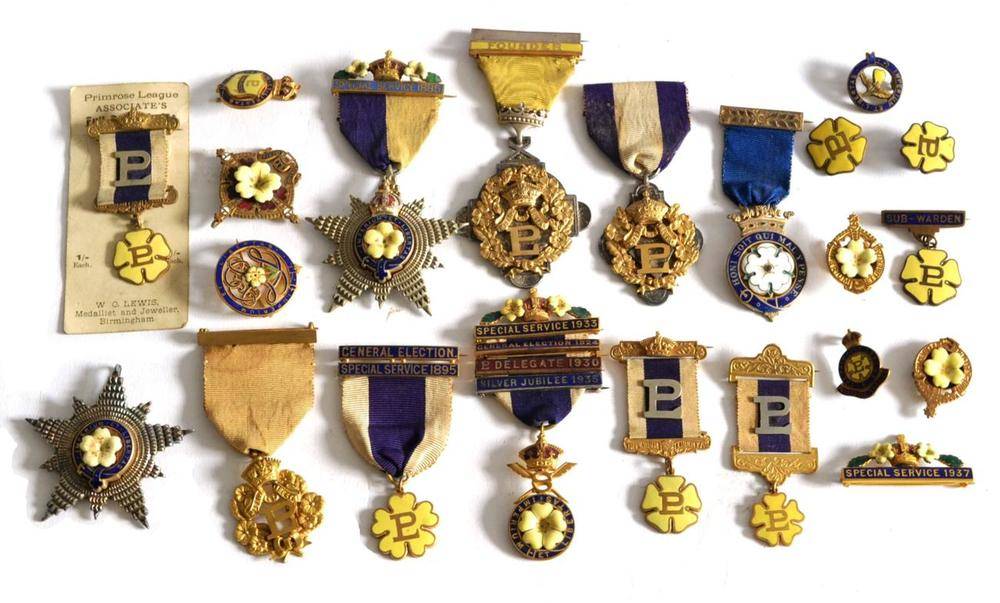 Lot 68 - A Collection of Twenty Two Primrose League Medals and Badges, in gilt metal and enamel,...