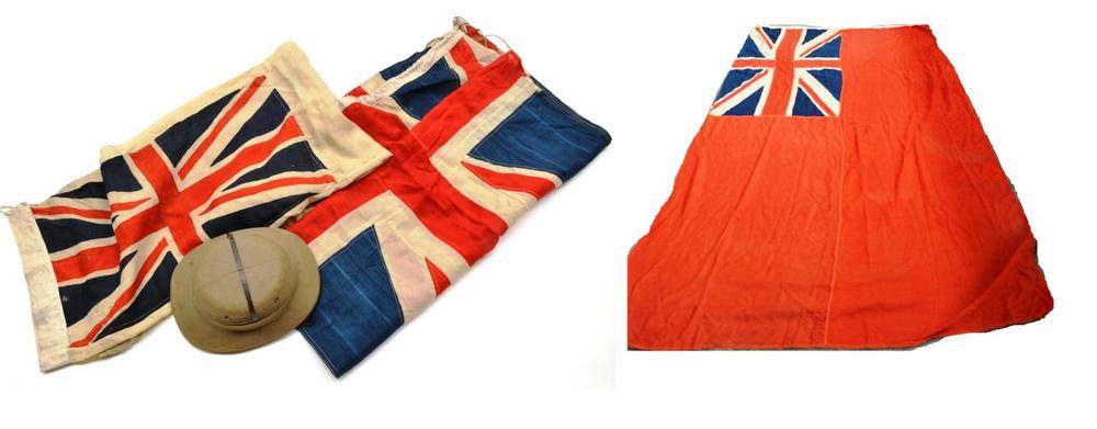 Lot 105 - Three British Flags:- the Union Jack, made from separate linen panels stitched together, the...