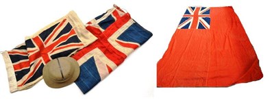 Lot 105 - Three British Flags:- the Union Jack, made from separate linen panels stitched together, the...