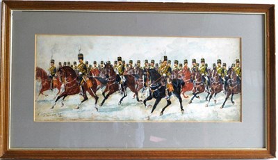 Lot 109 - C Conroy, `19th Hussars', mounted in a battle line, signed, inscribed and dated '89,...