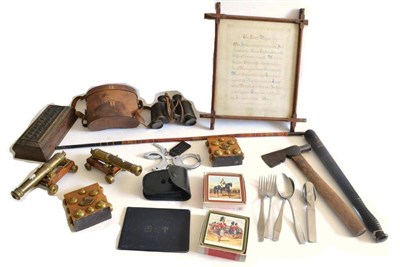 Lot 145 - Militaria, including an Indian red painted swagger stick dated U 1885, Victorian ebonised wood...