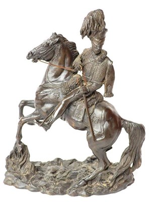 Lot 154 - A Bronzed Resin Figure of a Hussar Officer, mounted on his rearing charger and wearing a...