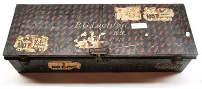 Lot 166 - A Royal Navy Red and Black Japanned Tin Uniform Trunk, the hinged cover named to P G Lachlan, R.N.