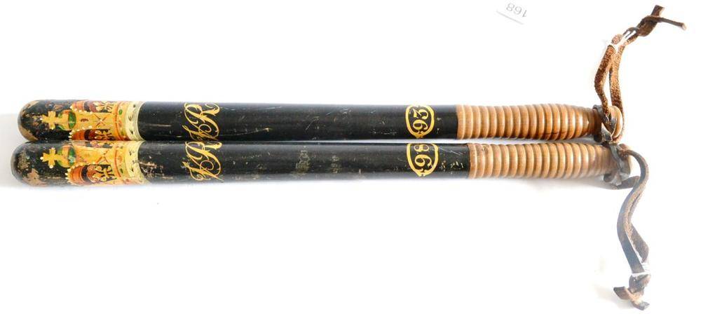 Lot 168 - Two Victorian Ebonised Walnut Truncheons by D Cormack, Edinburgh, each painted with crowned...