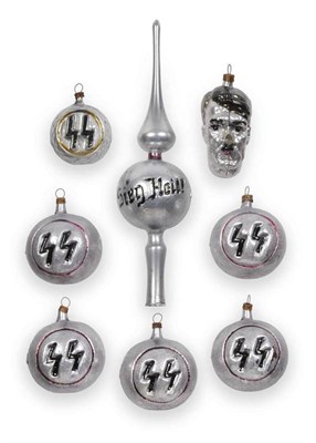 Lot 220 - A Rare Set of Eight German Third Reich SS Christmas Tree Decorations, in silvered glass, five...