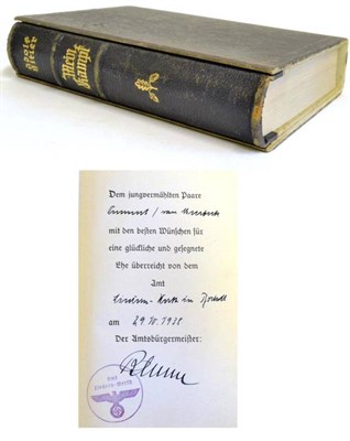 Lot 230 - Book:- Hitler (Adolf) Mein Kampf 1938, presentation leaf signed and dated 29.10.38, quarter...