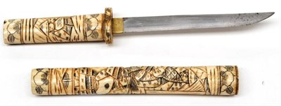 Lot 264 - A 19th Century Japanese Tanto, with 15cm steel blade, brass habaki, bone grip and scabbard...