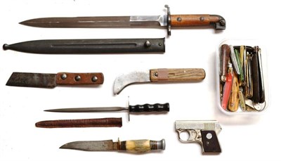 Lot 310 - A Collection of Edged Weapons, including a Swedish Model 1914 bayonet and scabbard, a hunting knife