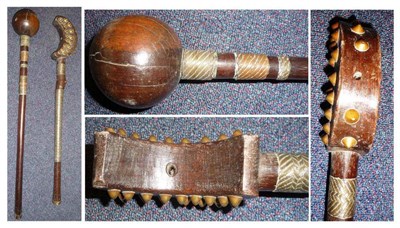 Lot 349 - A Zulu Knobkerrie, with large globular head, the tapering cylindrical haft bound with bands of...