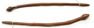 Lot 354 - Two Australian Aborigine Mulga Wood Clubs, each of slightly curved cylindrical form, with ovoid...