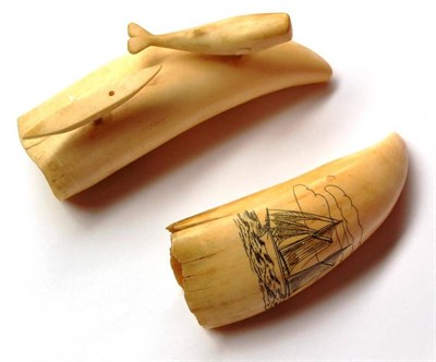 Lot 378 - An Early 20th Century Inuit Carved Sperm Whale Tooth, surmounted by a carved whale and a boat,...