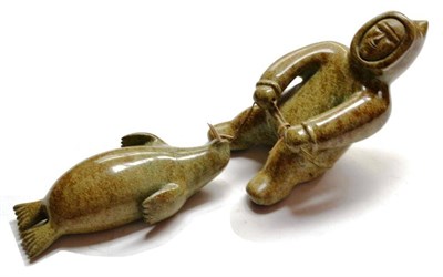 Lot 382 - An Impressive Inuit Carved Green Soapstone Two Piece Figure Group by Omagaiuk Tikivik, circa...