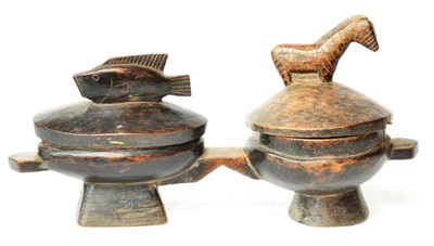 Lot 394 - A Barotse, Zambia Carved Wood Double Food Bowl, one of oval form, the cover with handle carved as a