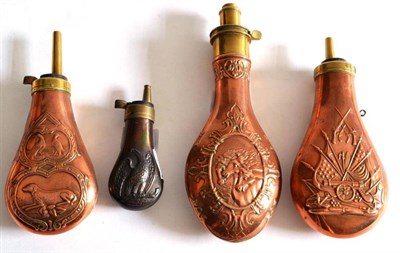 Lot 411 - Three Reproduction Copper Powder Flasks:- Pharaoh's Horses, American Civil War Standards and...