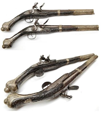 Lot 467 - A Pair of 18th Century Continental Flintlock Holster Pistols, possibly Spanish, each with 31cm...