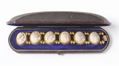 Lot 239 - A Greco-Roman Revival Cameo Bracelet, six profiles carved in high relief face each other in...