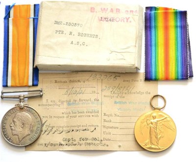 Lot 1 - A First World War Pair, awarded to DM2-230570 PTE.R.ROBERTS. A.S.C., comprising British War...