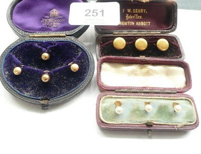 Lot 251 - A Set of Three Pearl Studs, cased by the Goldsmiths & Silversmiths Company; A Matched Set of...