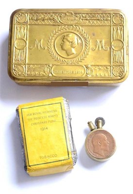 Lot 114 - A Princess Mary 1914 Christmas Tin, containing a packet of tobacco, greetings card and Trench...