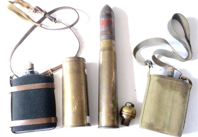 Lot 133 - Militaria, comprising a 6lb shell, the brass case dated 2 (18)97, a 3lb brass shell case, a...