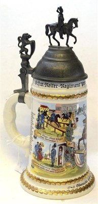 Lot 136 - A 20th Century German Military Porcelain Beerstein, the body printed with cavalry scenes and...