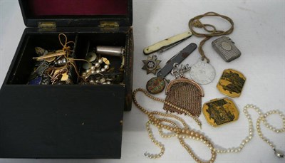 Lot 258 - A Small Jewellery Box and Contents, including a chain mail purse (a/f), two Regimental...