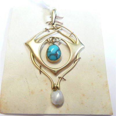 Lot 261 - An Art Nouveau Pendant, with a turquoise suspended centrally and a freshwater pearl suspended...