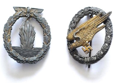 Lot 216 - A German Third Reich Paratrooper's Badge, with needle shape pin and maker's mark; a Mine...