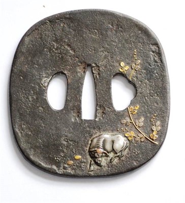 Lot 240 - An 18th Century Japanese Iron Tsuba, one side applied and inlaid in silver and gold with a...