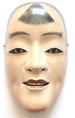 Lot 241 - A 1920's Japanese No Mask, of carved and painted wood, with pierced eyes, nostrils and open...