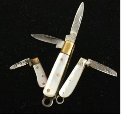 Lot 291 - Three Miniature Folding Pocket Knives, each with mother-of-pearl grip scales, one with two blades