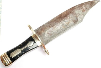 Lot 301 - A Massive Indian Bowie Knife, with 30.5cm broad hatchet tip damascus steel blade, the nickel plated