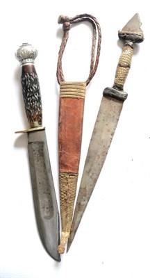 Lot 322 - A Victorian Bowie Knife, with 17cm clip point steel blade, brass off-set oval crossguard and antler