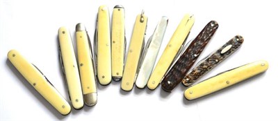 Lot 330 - A Collection of Eleven Folding Penknives, with ivory, ivorine, antler and mother of pearl grip...