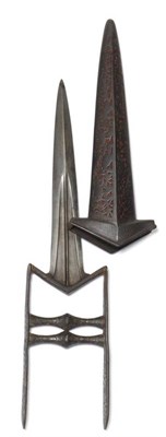 Lot 360 - A 19th Century Indian Katar, the 21cm double edge tapered blade with swollen tip and two fullers to