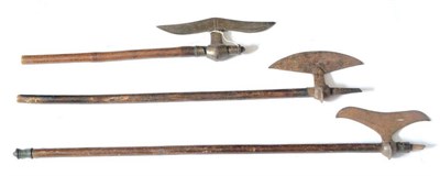 Lot 373 - Three Indian War Axes, two with moustache shape blades, one with crescent shape blade, each...