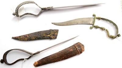 Lot 376 - Three Mahratta Bichwa, each with curved steel blade, two with looped steel hilt, one with brass...