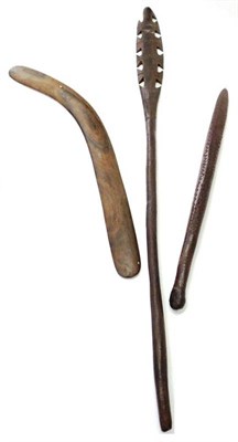 Lot 432 - An Australian Aborigine Hardwood Club, of compressed rounded pole form, one side with diapered...