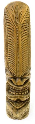 Lot 442 - A Hawaiian Carved Wood Totem, with grimacing face below a high feather carved headdress, 56cm