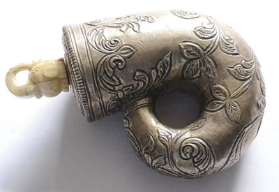 Lot 458 - A 19th Century Indian Silver Covered Powder Horn, the wood body covered in sheet silver metal...