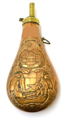 Lot 473 - A Large American Copper Powder Flask, embossed with a scene from the Alamo, below Liberty or Death