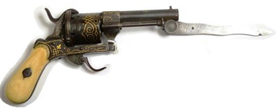 Lot 579 - A 19th Century Continental Pinfire Six Shot Pocket Revolver, with a hinged wavy edge bayonet...