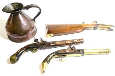 Lot 596 - Two Indian Non-working Replica Flintlock Pistols, each with brass inlaid decoration; a Copper...