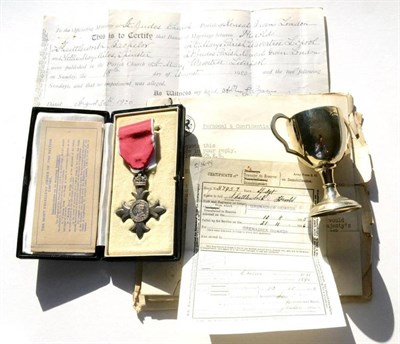 Lot 25 - An MBE Breast Badge, awarded to Harold Shuttleworth, in case of issue, with associated ephemera...