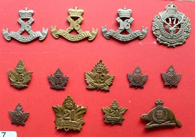 Lot 47 - A Collection of Thirteen First World War Canadian Cap and Collar Badges, to the 16th Infantry...