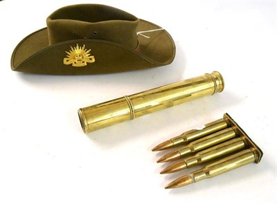 Lot 108 - Militaria, comprising an Australian Military Forces slouch hat, the leather sweatband dated 1965, a