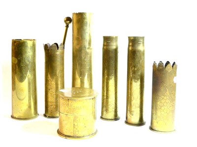 Lot 126 - Six Various Trench Art Brass Shell Cases, one from a 1915 4.5in Howitzer as a tobacco box and cover