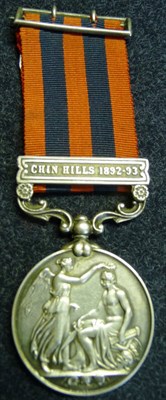 Lot 319 - An India General Service Medal 1854, with rare clasp CHIN HILLS 1892-93, awarded to 733...