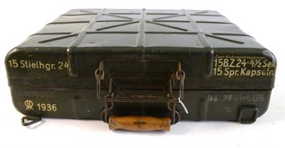 Lot 183 - A German Third Reich Wehrmacht Green Metal Ammunition Case, of panelled rectangular form, with...